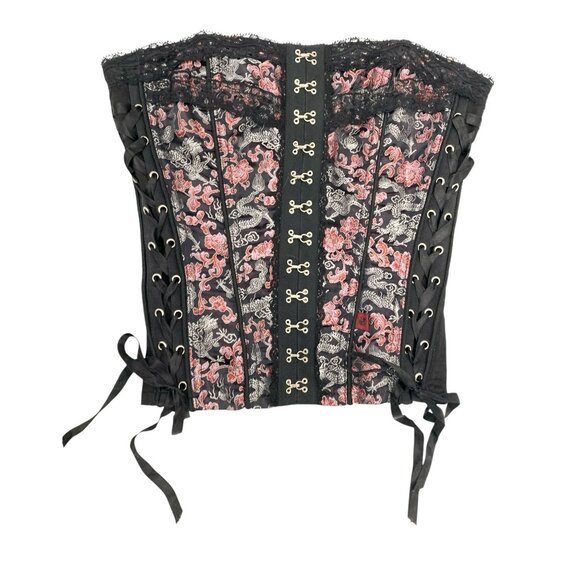 Tripp Black Pink Corset Lace-Up Hook & Eye Closure Size S Y2k 90s Dragon Print - Picture 5 of 10